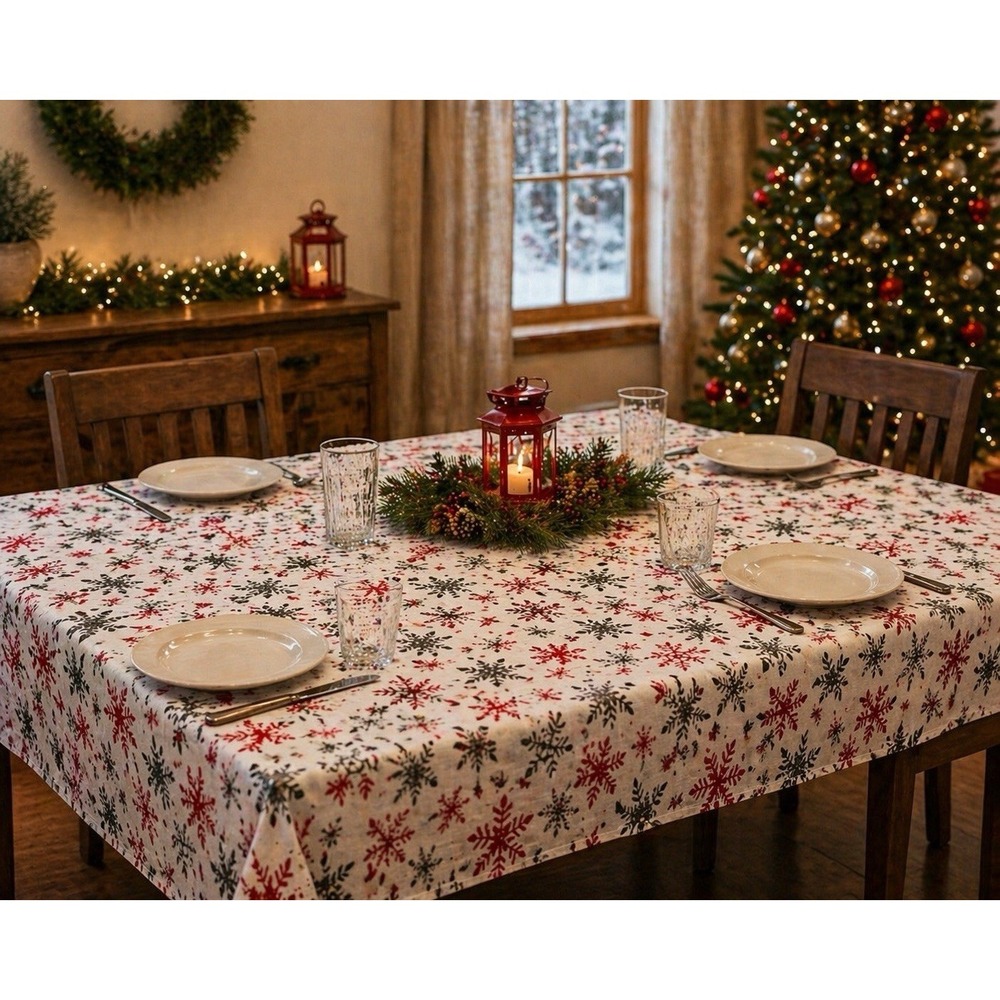 The Farmhouse Rachel Ashwell Christmas Red Snowflakes 85"x61" Tablecloth GG33